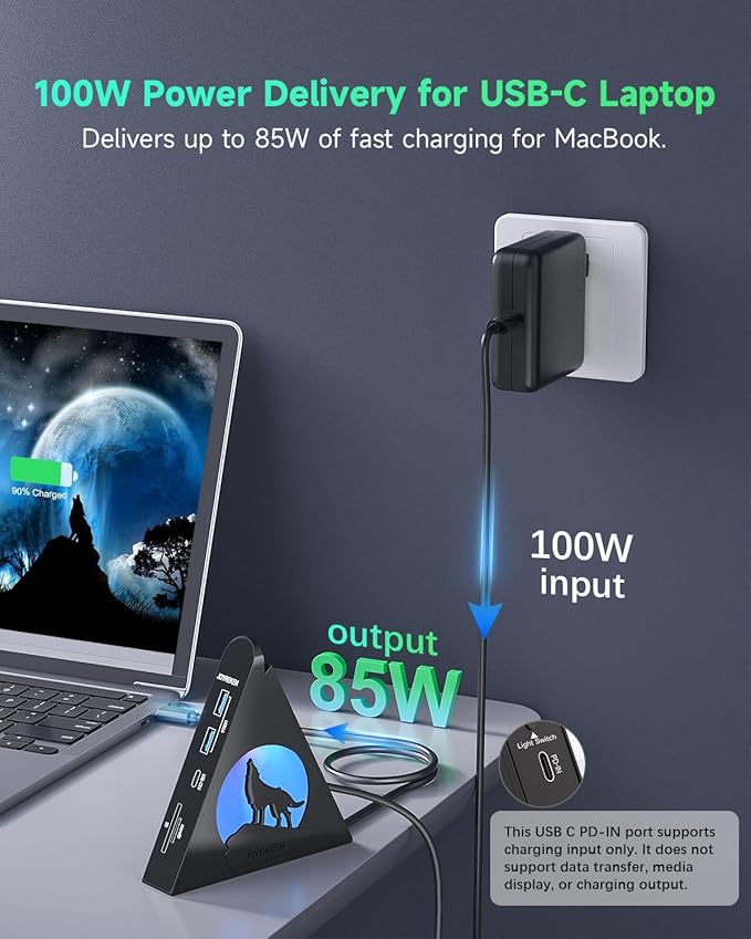 Vertical USB C Hub, 8-in-1 MacBook Adapter with 4K, PD100W Pass-Through Charging, 5Gbps 3xUSB-A, USB-C 3.0, SD/TF Card Reader, RGB Wolf Type-C Hub Tower for MacBook, iPad, iPhone17, etc.