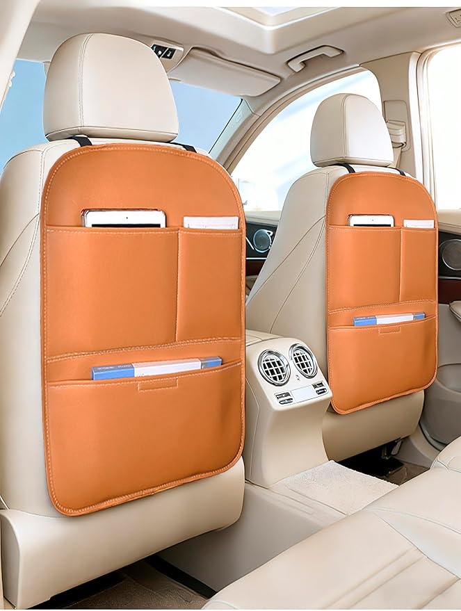 Kick Mat Back Seat Protector， Waterproof Leather Car Seat Back Organizers Cover with 3 Storage Pockets for Kids Pets SUV Sedan Minivan Truck Car Travel Accessories (Cayenne Yellow 2-pack)
