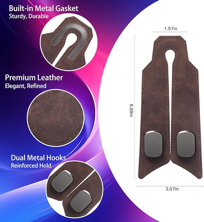 2Pcs Car Headrest Hooks with Premium Leather, Upgraded Double Metal Hooks with Anti-Drop Design, Universal Back Seat Hanger for Bags, Coats, Purses and Groceries (Classic Brown)