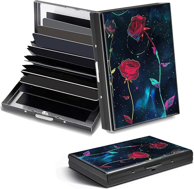 Credit Card Holder, Roses Art Design Mini RFID Blocking Aluminum Wallet Slim Metal Hard Case Shell Travel Wallet ID Case Small Credit Cards Case Business Cards for Women Men Girls