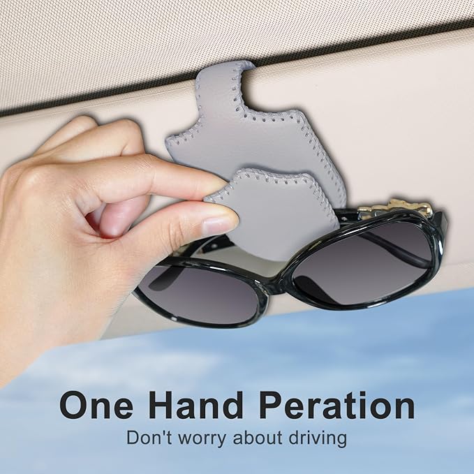 AMVOYOA Sunglass Holder for Car ，Hand Sewn Leather Sunglasses Clips for Car Visor ，Universal Car Magnetic Eyeglass Holder，Ticket Card Clip for Car Visor Accessories（Gray）