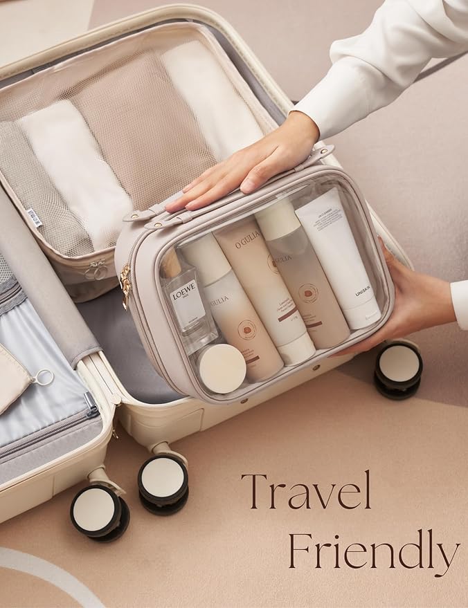Clear Cosmetic Bag Double Layer Travel Toiletry Bag Clear Makeup Bag Case with 4 Compartments, Transparent Travel Bag for Toiletries, Large Toiletry Bag for Women Cosmetic Case (Taupe, Large)