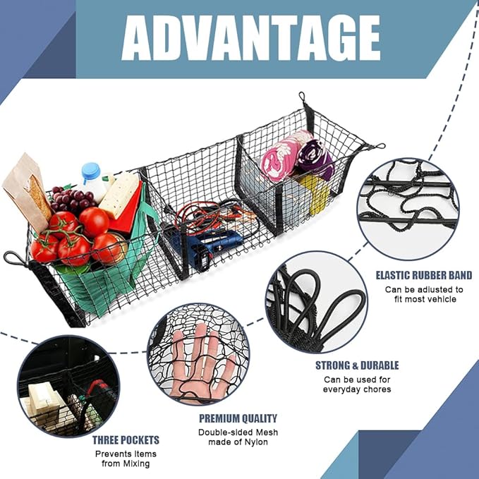 Cargo Net Trunk Bed Organizer, Mesh Storage Net with 4 Metal Buckles, Expandable 3 Pocket Heavy-Duty Cargo Net Organizer Trunk Accessories Universal Fit Car SUV Pickup Truck