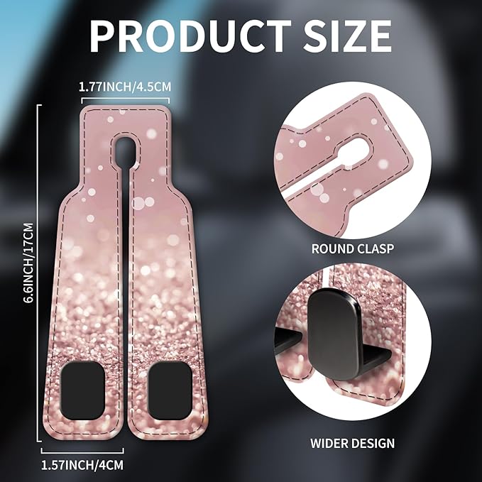 Car Seat Headrest Hook, Universal Leather Cute Hanger Holder Hook, Storage Organizer Interior Accessories for Purse Bags Handbag Glitter Pink Pattern