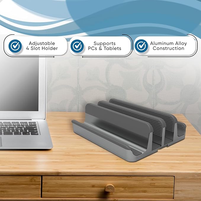 Elestoria 4 - Slot Vertical Laptop Stand - Aluminum Laptop Stand Vertical for Desk - Fits MacBook Pro/Air, Surface, Mobiles & Gaming Laptops up to 17.3" - Heavy Duty Laptop Holder for Desk - Grey