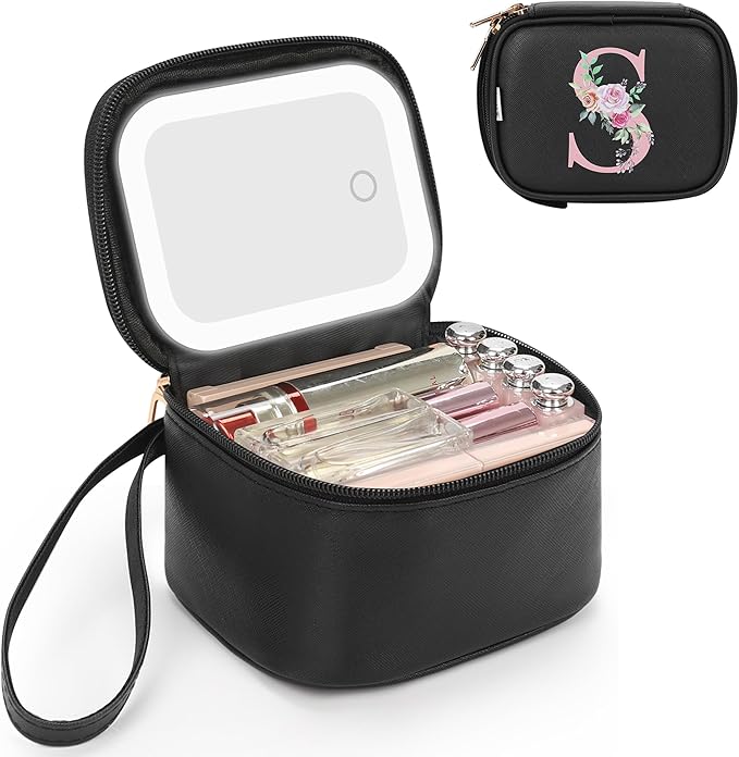 Relavel Mini Makeup Bag with Led Mirror for Mothers Day Gifts, Initial Cosmetic Bag with 3 Lighting Modes, Personalized Travel Bag, Preppy Make Up Pouch for Trip - Black S
