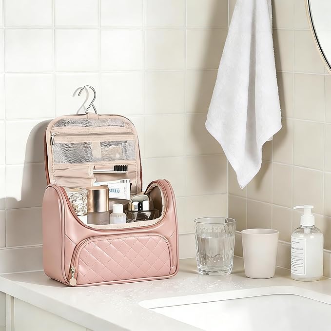 Greenfeather Cosmetic Bags for Women，Hanging Toiletry Bag with Makeup Brush Womens Travel Toiletry Bag for Women Essentials Travel Organizer for Full Sized Cosmetics and Toiletries Pink
