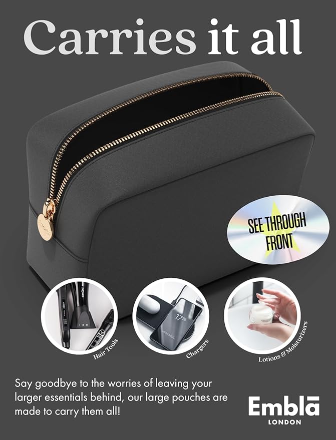 Embla Clear Large Makeup Bag Cute Big Make Up Nylon Pouches Travel Bathroom Bags for Toiletries XL Cosmetic Pouch for Women Girls Extra Large Zipper Toiletry Skincare Organizer Grey
