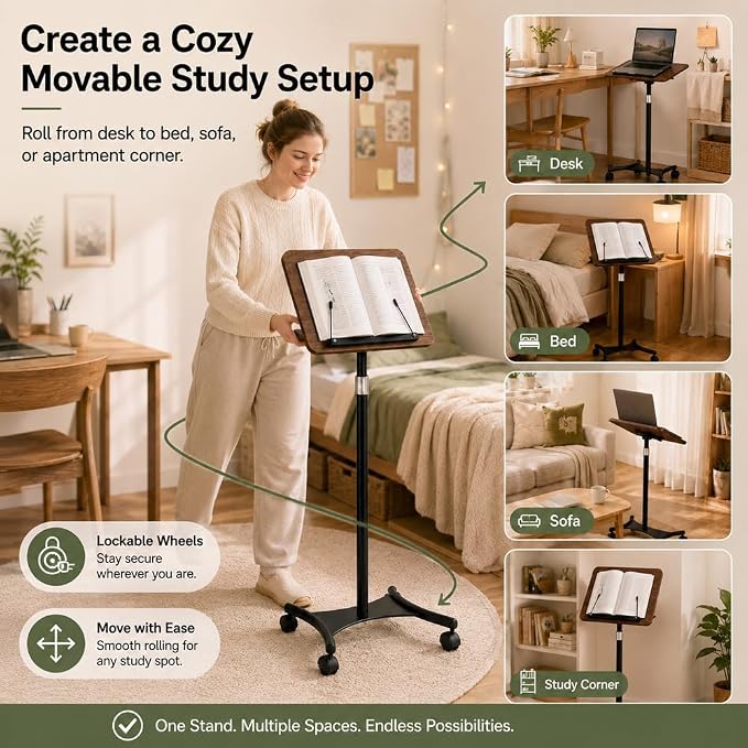 2-in-1 Rolling Book Stand, Floor & Desktop Book Holder for Heavy Books | Hands-free read | Lockable wheels | Cozy movable study setup | Up to 57 in | One stand, two ways to use | 360° Rotating Panel