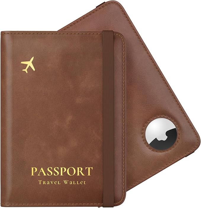 Stouchi AirTag Passport Holder, RFID Passport Holder with Airtag Slot, Multiple Passport Wallet Cover for Men, Leather Passport Case, Anti-Lost Waterproof Travel Accessories, Brown