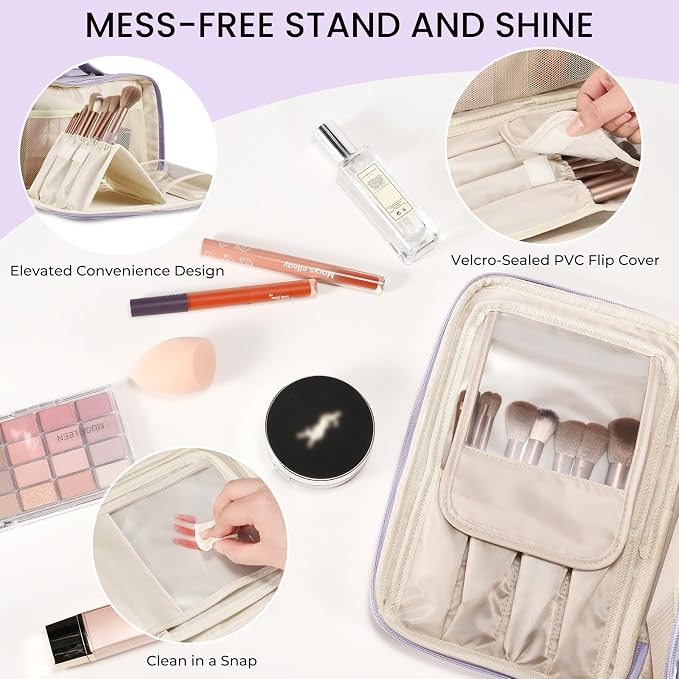 Travel Makeup Bag Women's Large Capacity Cosmetic Portable Organizer Large Opening Waterproof Storage Toiletry Bags Vertical Free-Standing Brush Holder for Easy Access Purple