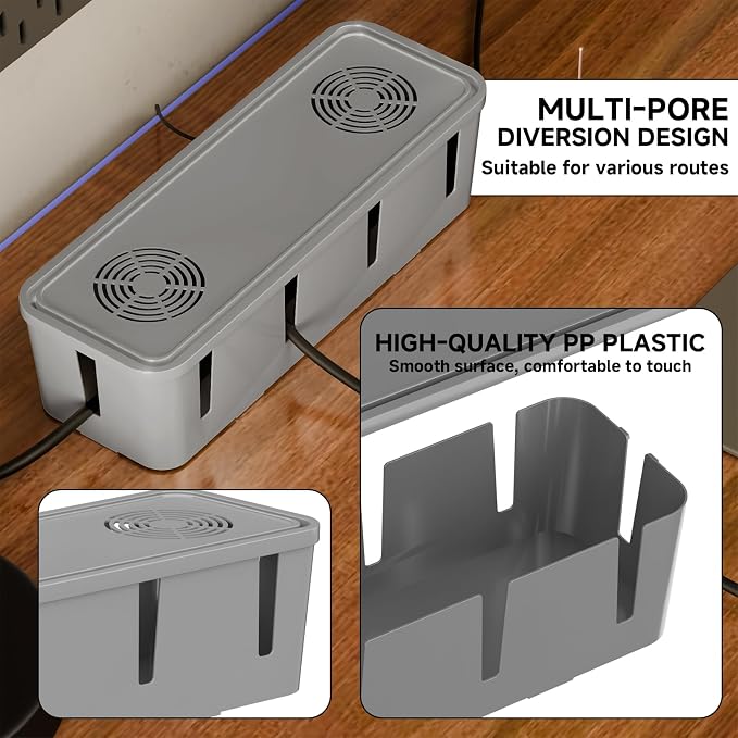 Cable Management Box, Cable Organizer Box and Power Strip Box, Power Strip Protector Box - Wire Box Hider for Desk - 10 Open Slots (Grey)
