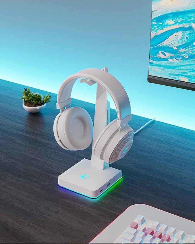 IFYOO RGB Gaming Headset Stand with 2 USB Ports, Game Headphone Mount for PC, Xbox One, PS4, Switch, Earphone Holder Hanger, Great for Gaming Stations, Fancy Desk Gamer Accessories, White