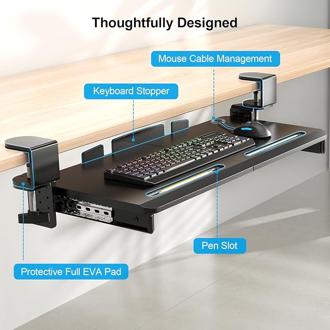 Supcline Keyboard Tray Under Desk with 60° Swivel C-Clamp & Height Adjustment for Corner Desk, 25.6 x 11.8 in Slide Out Keyboard Mouse Platform for l-Shaped & L-Shaped Table, Pull Out Keyboard Drawer