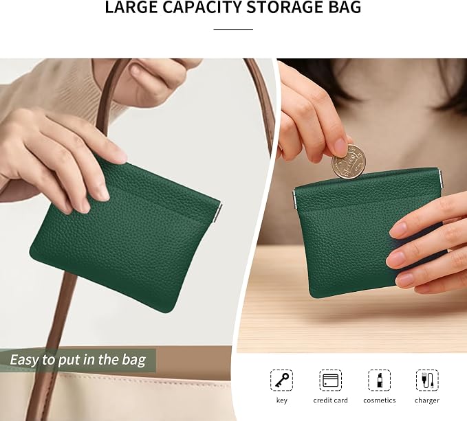 Genuine Leather Squeeze Coin Purse Pouch Change Holder For Men & Women Mini Change Purse Pouch for Pocket, Small Pouch Credit Card Key Headset Lipstick Holder (Green)