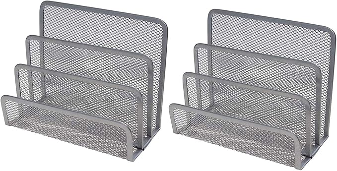 VANRA 2 Small Letter Sorters Desktop Envelopes Holder Organizer Metal Mesh with 3 Vertical Upright Compartments (2 Silver)