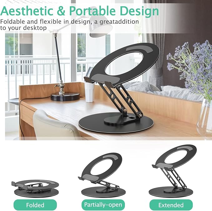 Laptop Stand for Desk Adjustable Computer Stand with 360 Rotating Base Ergonomic Laptop Riser Mount for Desk Foldable Protable Computer Desk Fits with MacBook Pro Air, Round Black