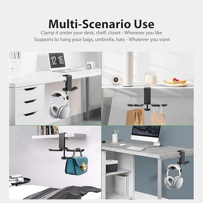 Dual Headphone Stand Hanger Under Desk, 360 Degree Rotating Aluminum Gaming Headset Holder with Adjustable Clamp, Universal Metal Earphone Hook Mount for All Headsets, Black