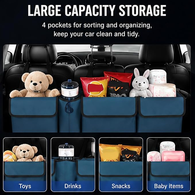 Car Trunk Organizer – Backseat Hanging Large Storage Bag with Adjustable Straps, Waterproof Collapsible Cargo Organizer with 4 Pockets, Space-Saving Trunk Storage for SUV Truck MPV (Blue)