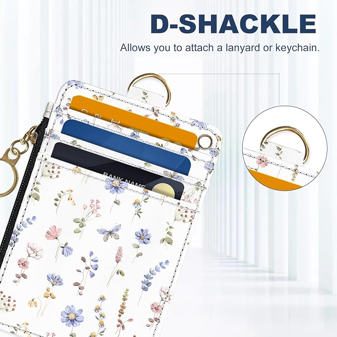 Slim Wallet Credit Card Holder, White And Purple Floral Print, RFID Wallet Women Cute Small Front Pocket Wallet With Zipper, PU Leather Thin travel RFID Blocking Card Case ID Window ,Ladies Gifts
