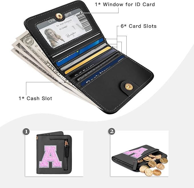 COSHAYSOO Initial RFID Wallet Small Teen Girl Gifts Trendy Stuff Women Birthday Graduation Easter Gift Idea for Girls 6 7 8 9 10 11 12 13 14 Year Old Preppy Cute Girly Travel Necessities Black A