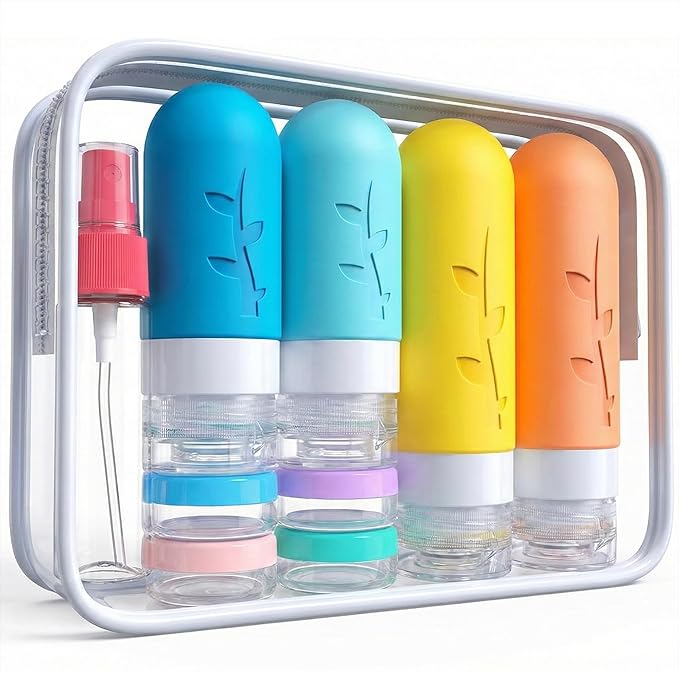 DEPOZA Travel Bottles Kit (16 Pack) - TSA Approved, Leak Proof Silicone Squeezable Containers for Toiletries. Complete Set with Jars, Sprayers & Bag (White)