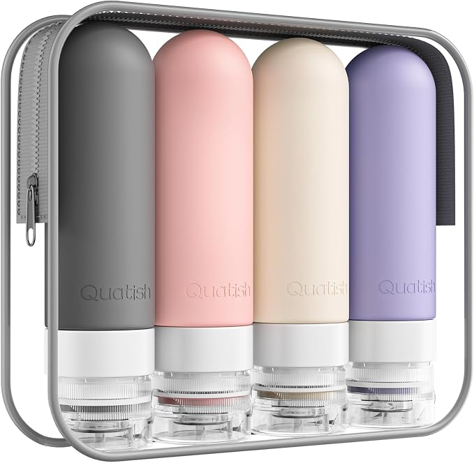 Quatish Travel Bottles for Toiletries, Original Patented Leak Proof Travel Size Containers, 3 oz Tsa Approved Silicone Shampoo and Conditioner Bottles, 4 Pack, Dusty Pink