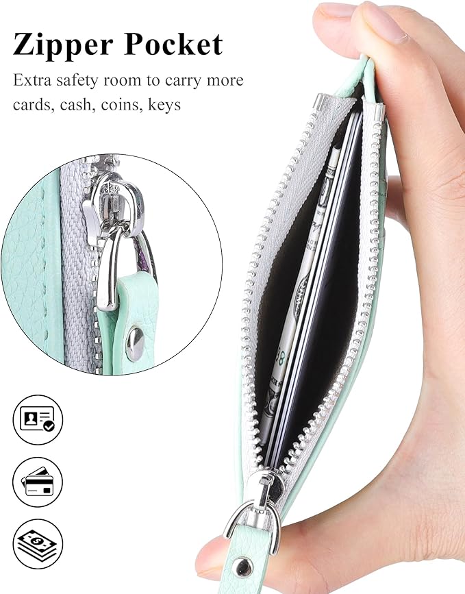Teskyer Slim Card Holder Wallet with Zip Pocket, RFID Blocking, Total 9 Compartments Large Capacity, 3.5" x 4.7" (Slight Larger Than Usual), Faux Leather - Light Green