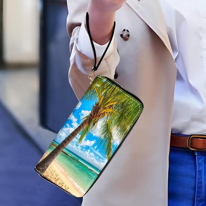 Women's Large Capacity Wallet PU Leather Zip Around Clutch Purse Multifunctional Wallet with Removable Wristlet Strap for Smart Phone/Coin/Card/Cash, Tropical Paradise Beach Palm Trees