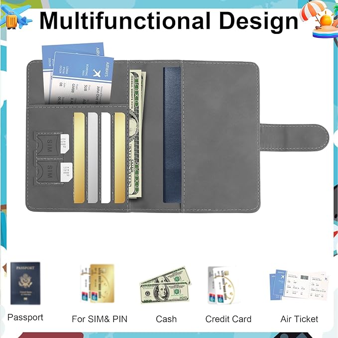 Passport Holder for Travel Essentials, Grey Leather Passport Cover, Passport Wallet Holders for Women Men Family Travel Gifts Must Have Accessories, Credit Card Cash Air Ticket Storage Supplies
