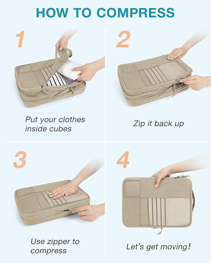 BAGSMART Compression Packing Cubes, Durable Travel Packing Cubes for Carry-On Suitcase, Lightweight Compressible Luggage Organizer Cruise Ship Travel Essentials, 6-Pack 1L+3M+1S+Shoe Bag, Khaki