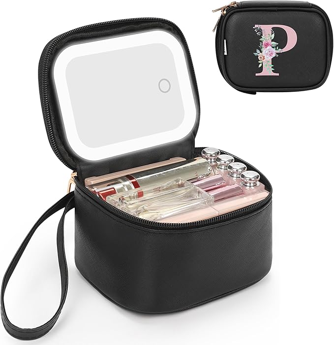 Relavel Mini Makeup Bag with Led Mirror for Mothers Day Gifts, Initial Cosmetic Bag with 3 Lighting Modes, Personalized Travel Bag, Preppy Make Up Pouch for Trip - Black P