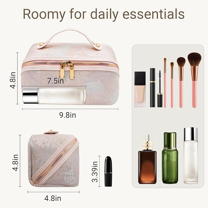 Travel Makeup Bag with Compartments & Organizers – Flat Open Cosmetic Pouch for Women, Purse-Style Design for Traveling, Perfect for Toiletries & Cosmetics (Pink)
