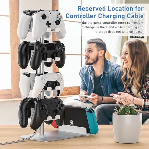 MANMUVIMO Controller Holder for 8 Xbox PS5 PS4 Gaming Controller, Controller Stand Desk, Gamer Gifts for Men, Organizer Rack for Headset/iPad/Mobile Phone, Gaming Room Accessories(White)