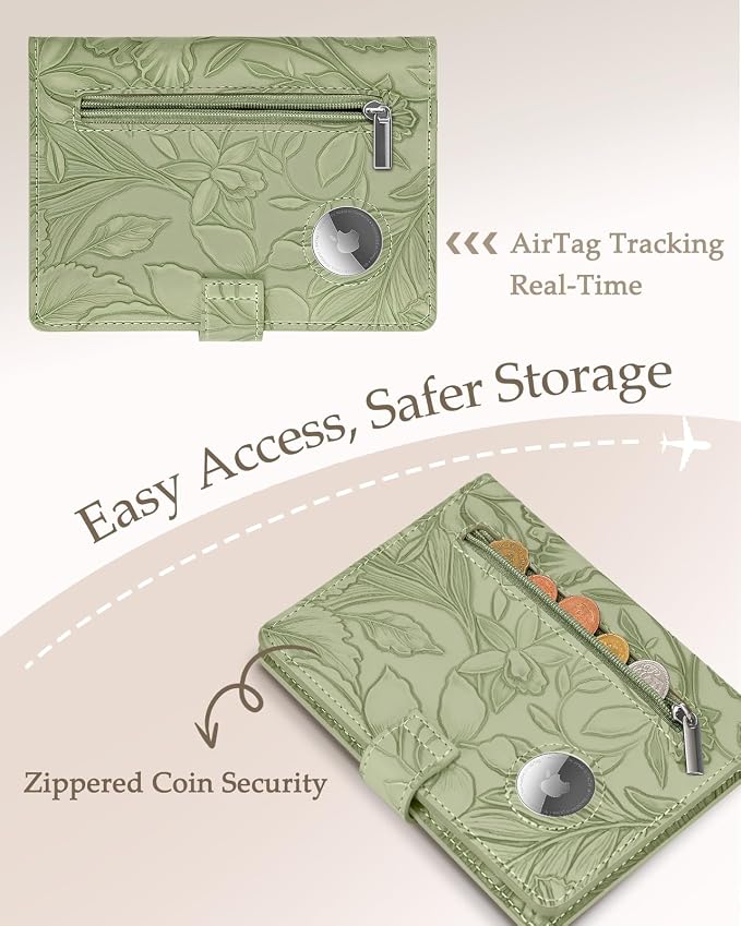 Slohif Floral Embossed Passport Wallet - Elegant Passport Wallet with AirTag Holder & RFID Blocking Slim Vegan Leather Passport Cover with Money Pocket and Card Slots Sage Green