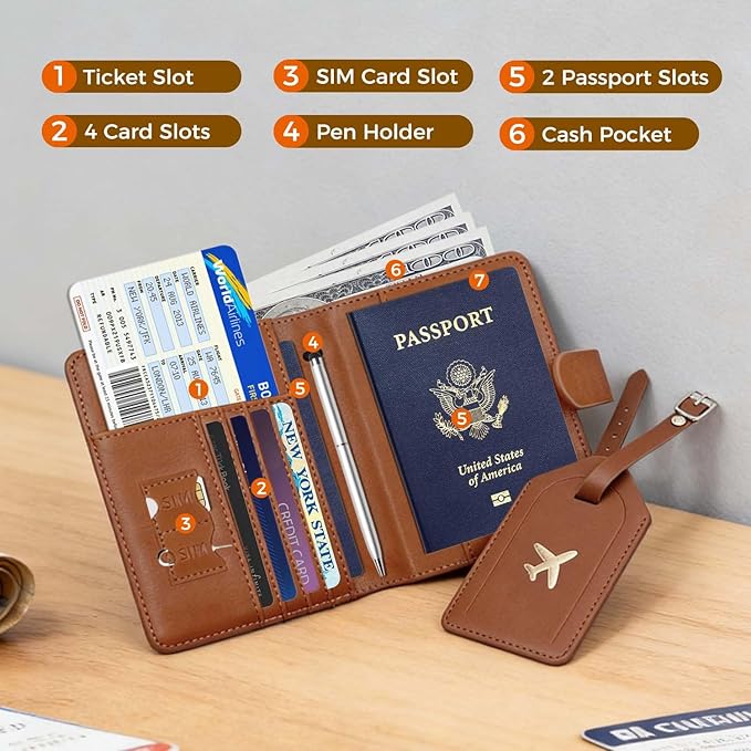 Melsbrinna Rfid Passport Holder for Travel women/Men Set Travel Suitcase Tag, Cute Passport Wallet Rfid Blocking Card Slots, Rfid Passport Cover/CaseTravel Wallet (new brown)
