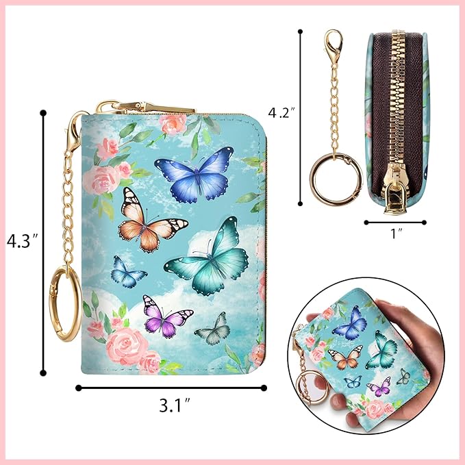 Blusabaca RFID Credit Card Holder Wallets for Women, Small Card Case Wallet with Keychain and Zipper, Butterfly Leather Card Holder Pocket Business Card Accordion Wallet