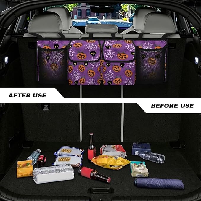 Hanging Car Trunk Organizer for SUV Sedans Jeep Trucks MPV Van, Halloween Spiderweb Pumpkins Collapsible Design Car Back Seat Storage Bag Automotive Interior Accessories