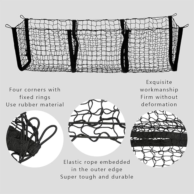 Cargo Net for Car, Truck Bed Storage, 3 Pocket Rear Trunk Cargo Net Stretchable Organizer Elastic Mesh Net, Universal Car Interior Accessories Cargo Storage Mesh Net Fit SUV, Pickup, Truck