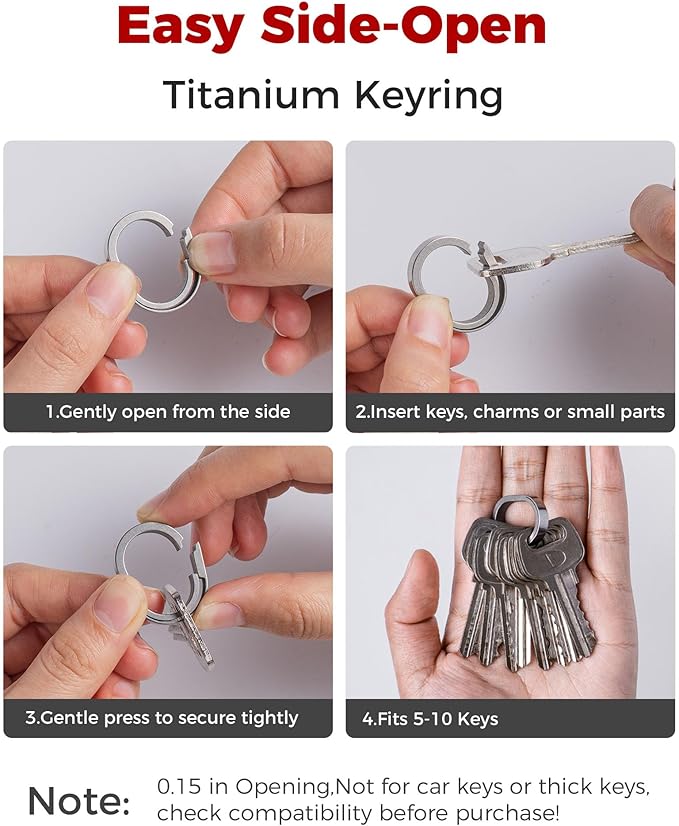 FEGVE Titanium Key Chain Clip with Side-Pushing Key Ring & 2/3inch D Ring for Car Fob Keys