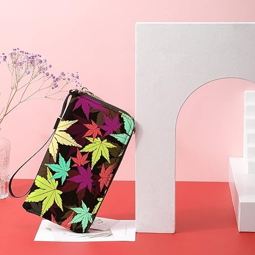 Clutch Wallet Holder for Women Men Colorful Abstract Leaves Cannabis Leaf Portable Accordion Zipper Credit Card Storage Bag Waterproof Purse Leather Wallet for Travel Work Shopping