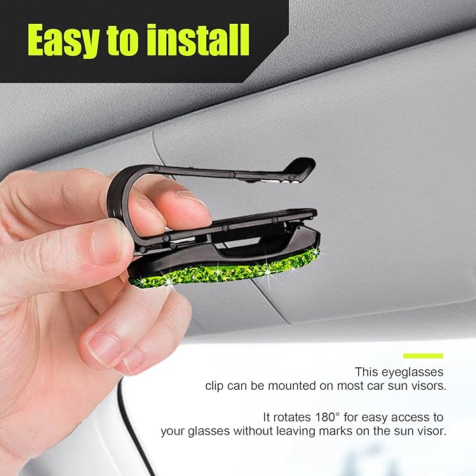 Dickno 2 PCS Bling Sunglasses Holder for Car Sun Visor, Crystal Rhinestones Eyeglasses Hanger Mount with Ticket Card Clip, Universal Vehicle Visor Decor Accessories for Women (Light Green)