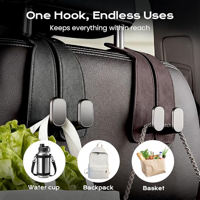 Headrest Hooks for Car, 2026 New Leather Headrest Hooks for Car, Multifunctional Double Hook Holder for Convenient Storage, Auto Hooks Organizer for Handbag Purse Coat Bags (Brown,2)