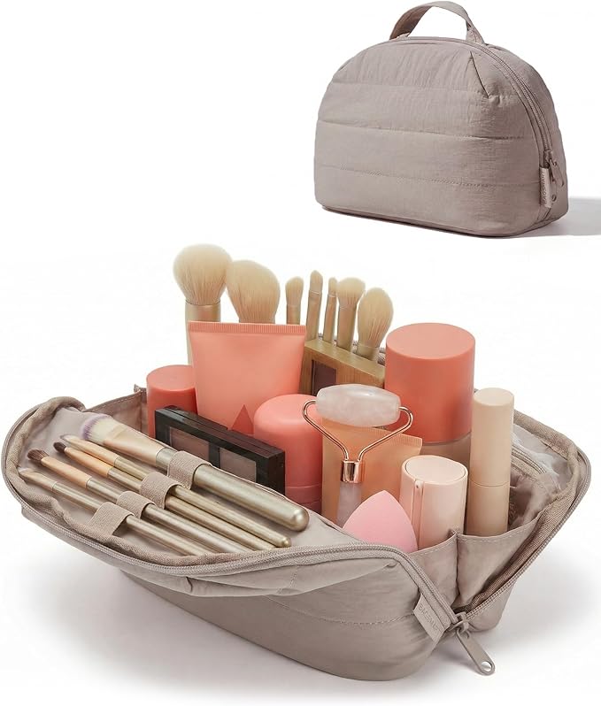BAGSMART Travel Makeup Bag for Women, Portable Fold-down Cosmetic Case, Puffy Padded Make Up Organizer Pouch, Water-resistant Toiletry Bag for Toiletries, Brushes (Brown)