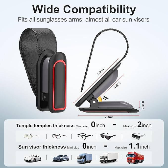Veharvim Sunglass Holder for Car (2 Pack, One-Handed Operation, Gentle & Secure Hold, Silicone Padded, Universal Fits Sunglass and Car Visor) - Sunglasses Clip for Car Visor (Black & Red, 4 Pack)