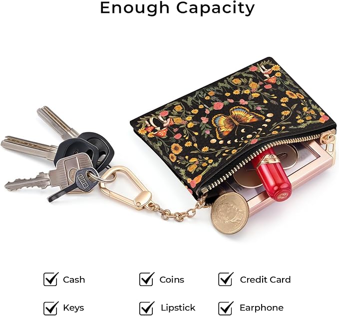 Butterfly Moon Keychain Coin Purse for Women, Mushroom Floral Vintage Small PU Leather Change Pouch, Zipper Little Tiny Travel Wallet for Girls, Cute Zip Pocket Coin Holder with Key Ring