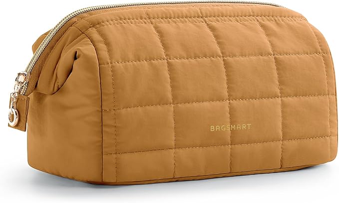 BAGSMART Puffy Padded Travel Makeup Bag, Wide-open Toiletry Bag, Mustard Yellow