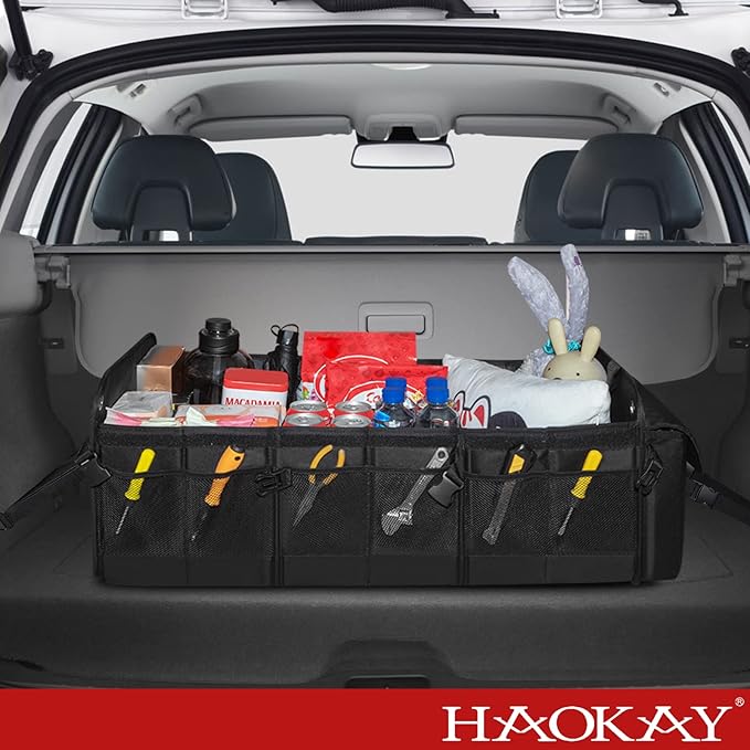 HAOKAY Collapsible Trunk Organizer with Insulated Leakproof Cooler Bag,Removable Lid,Adjustable Securing Straps,3 Compartments 5 in 1 Trunk Organizer for SUV,Truck,Sedan Jeep （95L