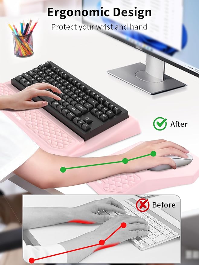 3-in-1 Ergonomic Keyboard Stand with Wrist Rest & Mouse Pad Set, Comfy Keyboard Riser Holder Soft Mousepad with Massage Design, Memory Foam and Non-Slip PU Base for Pain Relief, Pink