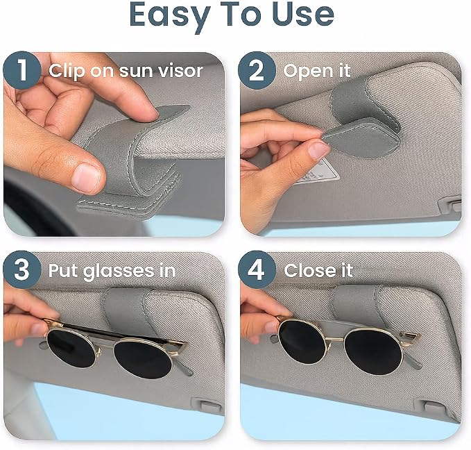 Sunglass Holder for Car Visor Clip Pack 2 - Magnetic Leather Sunglasses Holder- Eyeglass Organizer for Car - Visor Sunglasses Bracket Clip (Gray)
